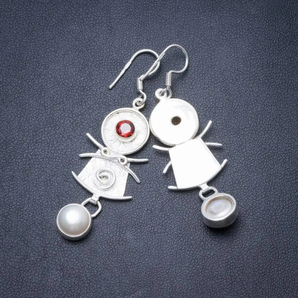 

Natural River Pearl and Garnet Handmade Unique 925 Sterling Silver Earrings 2.25" Y2940