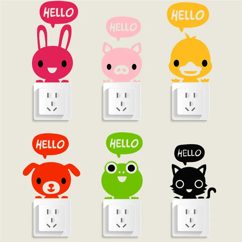 

% Carton Hello Animals Cat Rabbit Dog Pig Switch Panel Stickers Wall Sticker Home Decoration For Kids Bedroom Parlor Decal Decor