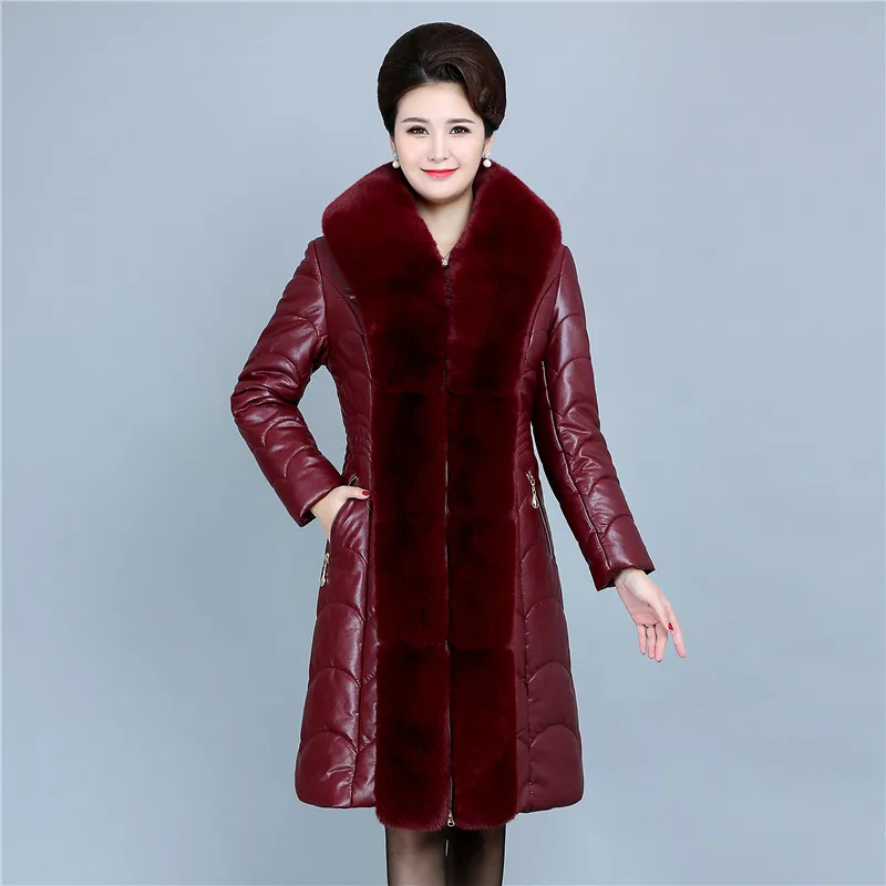 Женская кожаная зимняя куртка среднего возраста, пальто для девушек высокого качества, большой меховой воротник, утолщенная теплая куртка из искусственной кожи, Женская Длинная Верхняя одежда