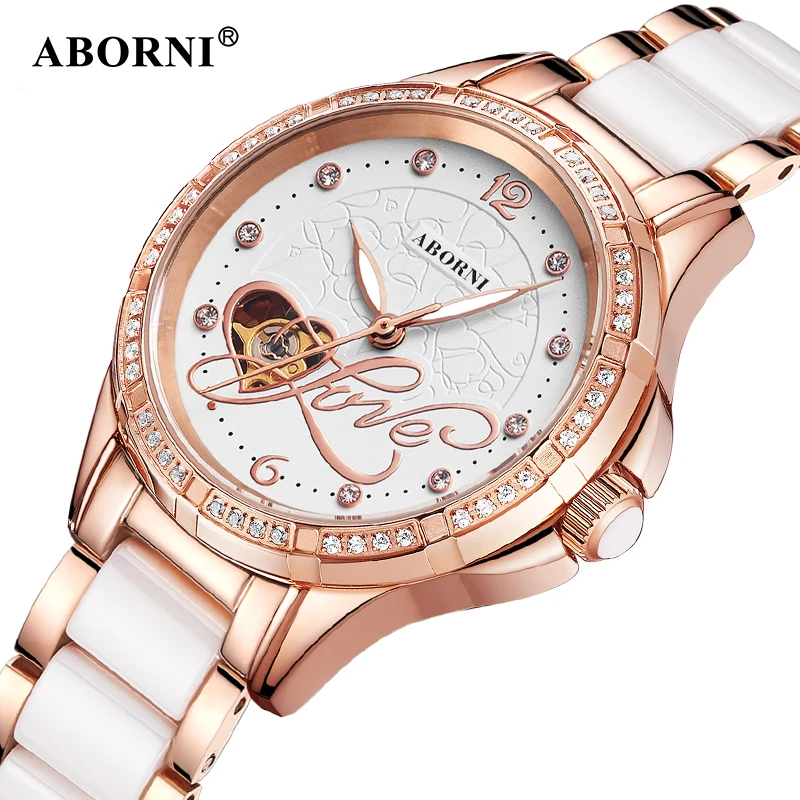 

Aborni Ceramic Watch Women's Fashion Luxury Love Watches Meskie Automatic Mechanical Lady Wrist Watch Relogio Automatic For Gift