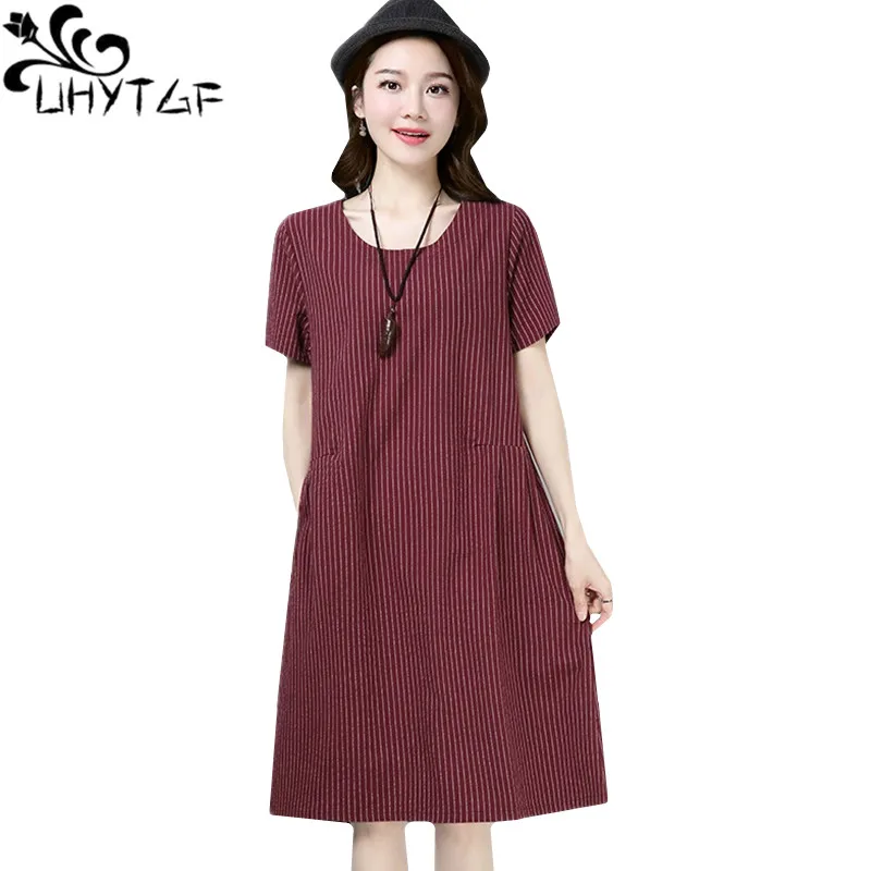 

UHYTGF Elegant Big Size Dresses Women New Striped Cotton And Linen Loose Summer Dress Women Mid-length Casual Women Dress 1280
