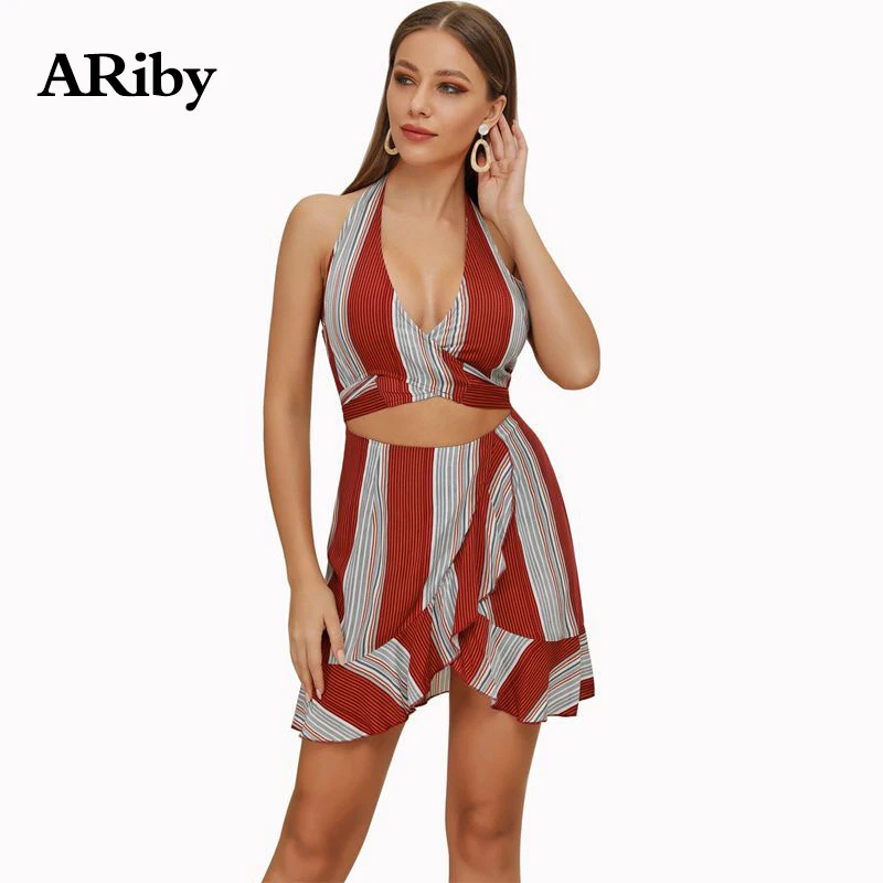 

ARiby Women Stripes Sexy Party Irregular Sleeveless Mini Dress 2019 New Summer Lady Sleeveless Empire Halter Asymmetrical Dress