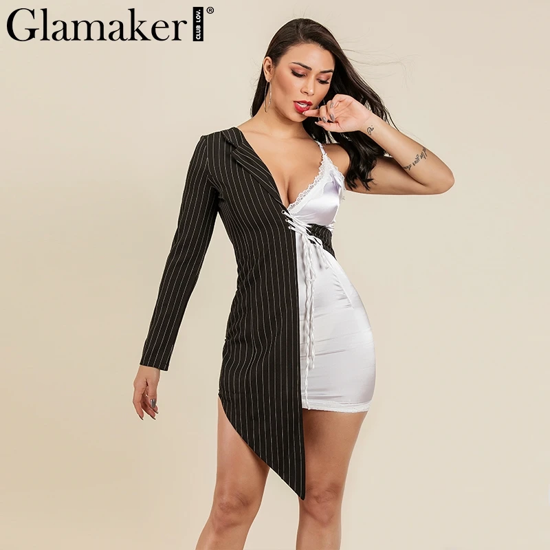 

Glamaker lace satin sundress vestidos de fiesta Lace up short women dress One shoulder stripe summer dress patchwork sexy dress