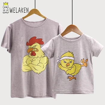 

weLaken 2019 New Fashion Family Matching Outfits T-Shirts Brand Cute Cartoon Animal Fighting Chicken Cotton Children Clothing