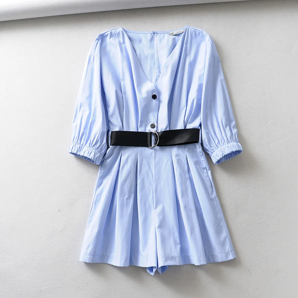 

BBWM WOMAN Elegant Women Blue Poplin Playsuits With Belt Za 2019 Sexy Ladies V-Neck Jumpsuits Casual Feminine Streetwear