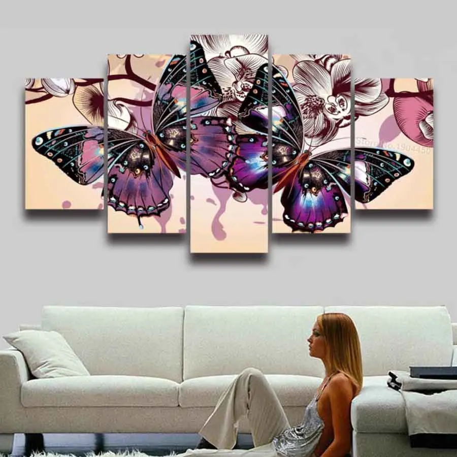 5 Panel Canvas Wall Art Painting Butterfly Flower Modular Picture HD