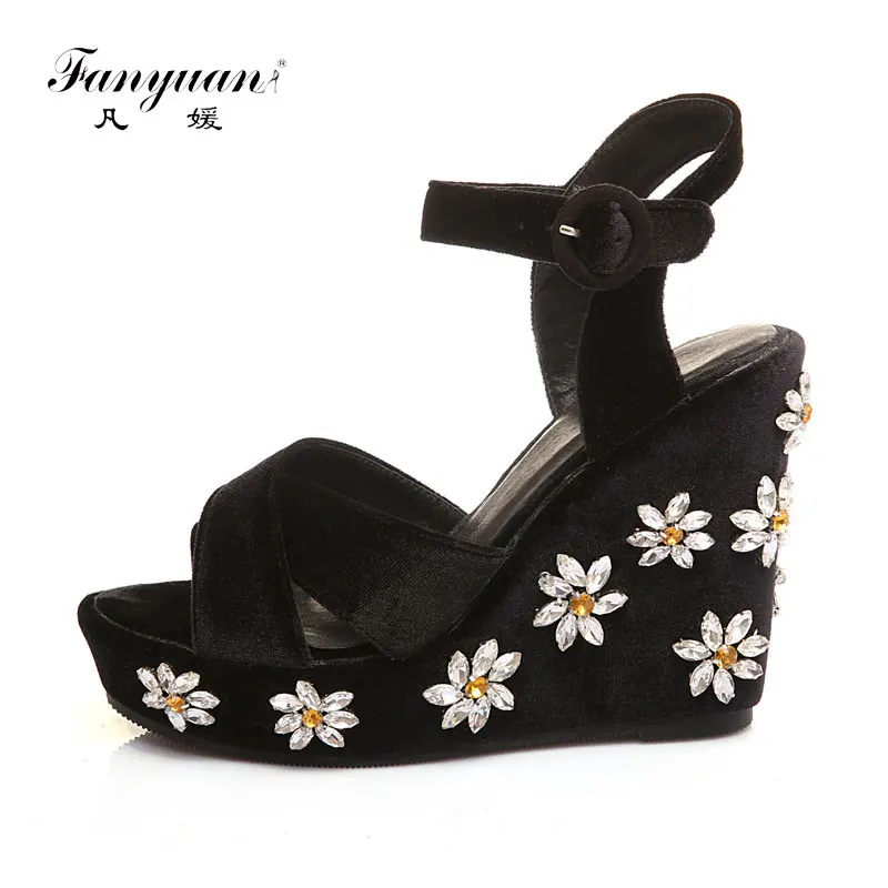

Fanyuan Women Leather shoes Sweet Rhinestone Platform Sandals Wedges Shoes Lady Chic Slingback High Heels Sandalias Mujer