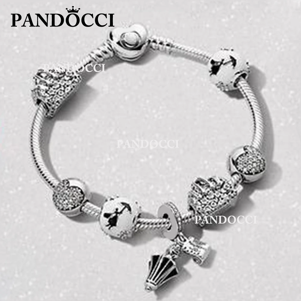 

PANDOCCI 100% 925 Sterling Silver Flower Bag Fairy Silhouette Charm Poppins Umbrella Hanging Charm HEART CLIP Love Bracelet Set