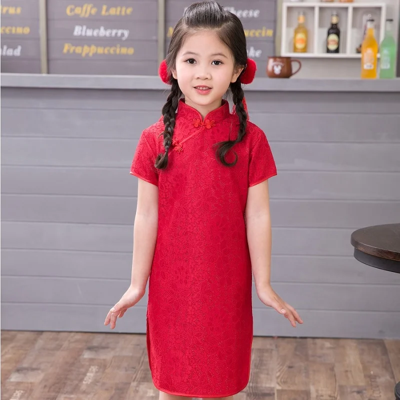 

Girls dress Girls cheongsam Lace Children qipao Chinese chipao Mandarin gown for girl High-necked short sleeve dress Kids clothe