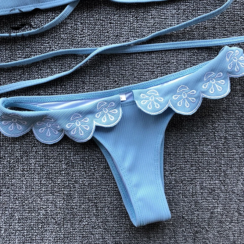 Bikinx 2019 Ruffled вышивка женский купальник бикини пуш ап купальники Highcut глубокий v