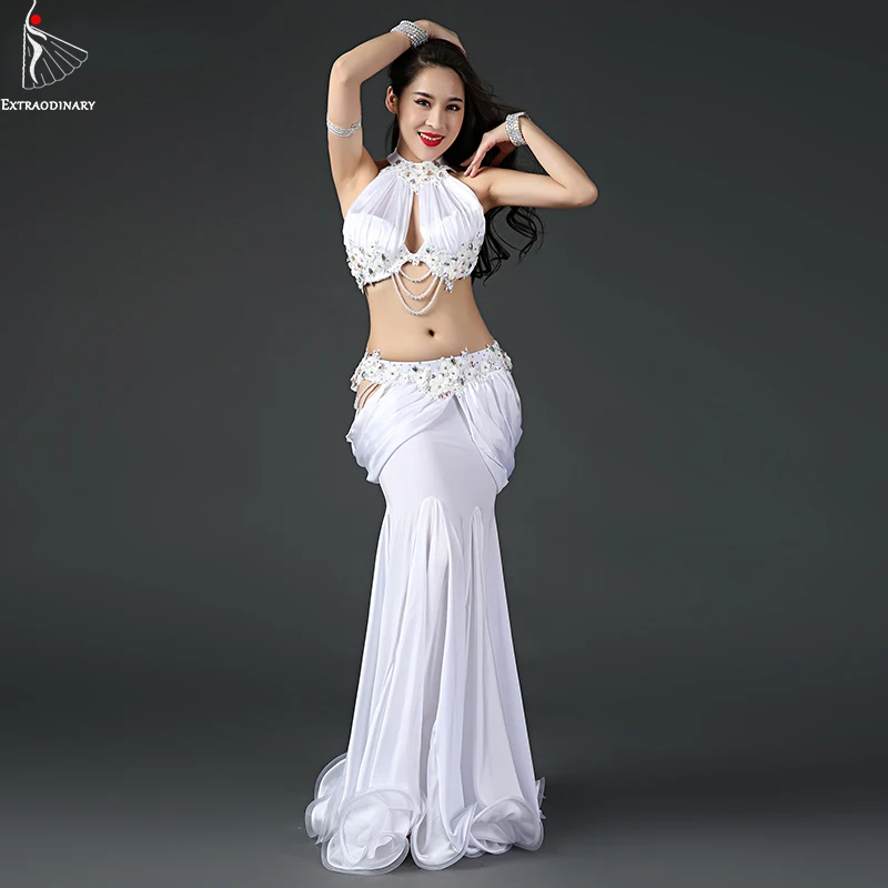 

Women Belly Dance Bra Long Skirt Costume Set Oriental Bra Bead Luxury Stage Performance Carnival Clothing Outfit 2 Colour