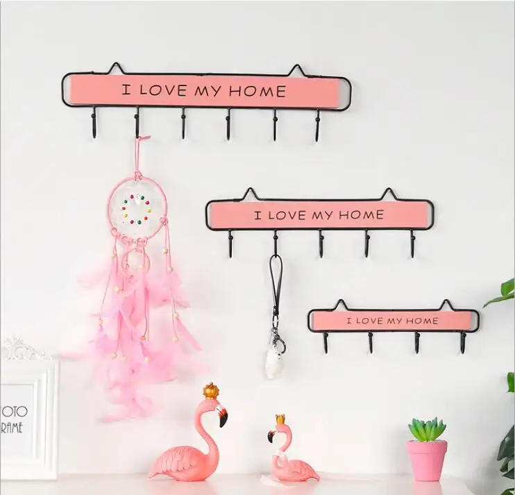Розовый металлический и деревянный настенный крюк I LOVE MY HOME стеллаж для хранения