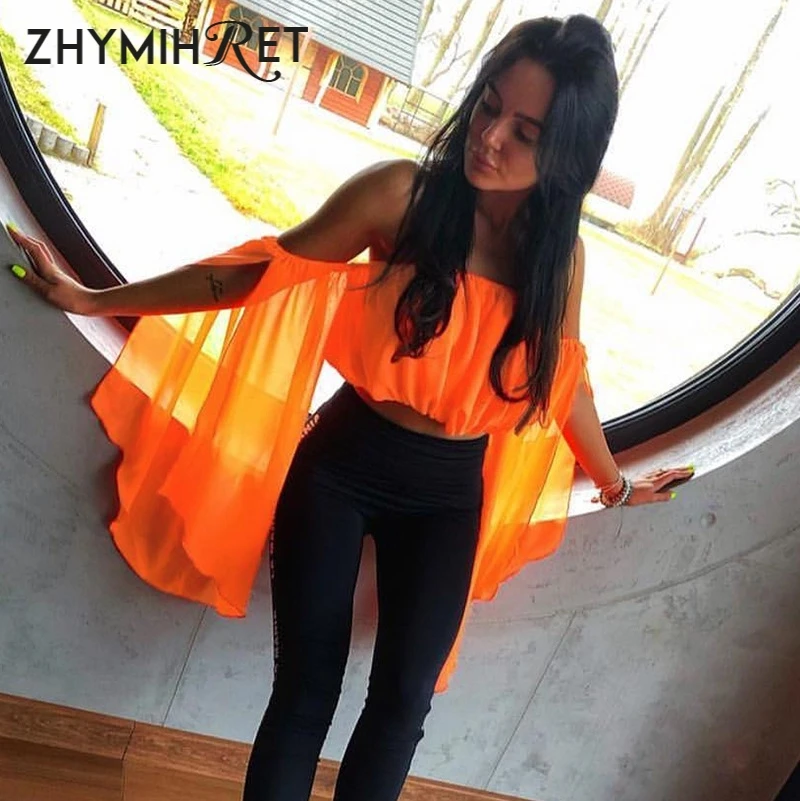 ZHYMIHRET неоновая блуза с вырезом лодочкой из шифона для женщин рукавом бабочкой