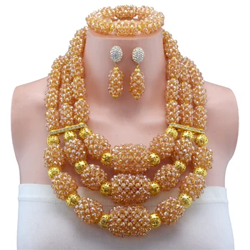 

Bridal Gift Nigerian Wedding African Beads Jewelry Set Fashion Dubai gold-color Jewelry Sets Free Shipping Wholesale customer