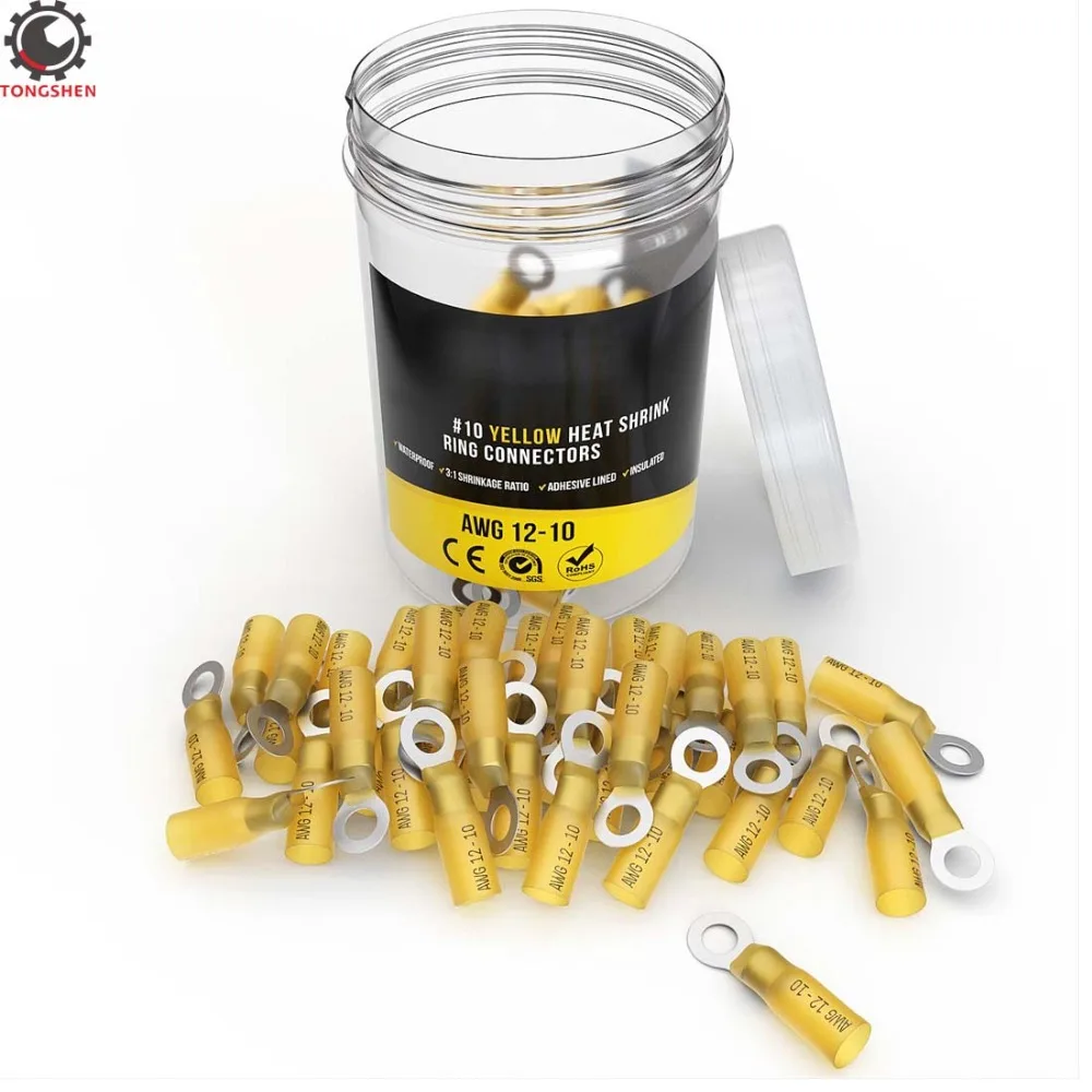 

60Pcs Waterproof Yellow Heat Shrink Ring Crimp Connectors Bulk Electrical Wire Splice Cable Crimp Terminals Connectors #10 1/4"