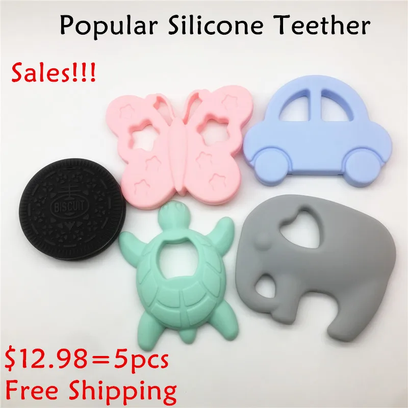 

Chenkai 5PCS BPA Free Silicone Infant Car Elephant Butterfly Biscuit Turtle Teether DIY Baby Pacifier Nursing Grib Sensory Toy