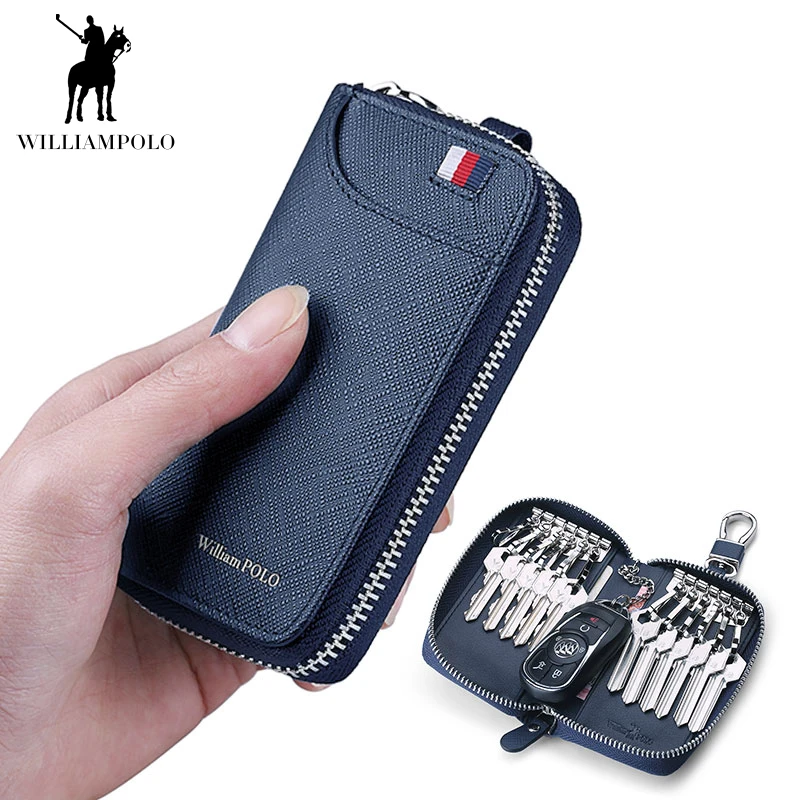

WILLIAMPOLO Card Key Wallet Holder Genuine Leather Men Coin Pocket Purse Male Bus Card Holder with Zipper and Hasp