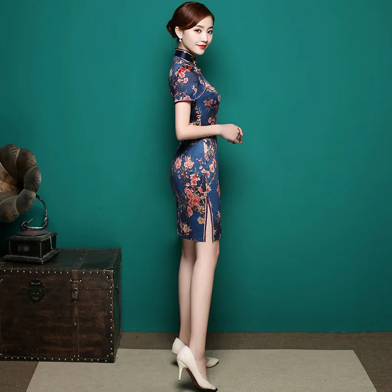 Slim Mini Qipao летнее Китайский традиционный Чонсам короткий рукав район Qipao платья Элегантный цветочный Восточный вечер платье