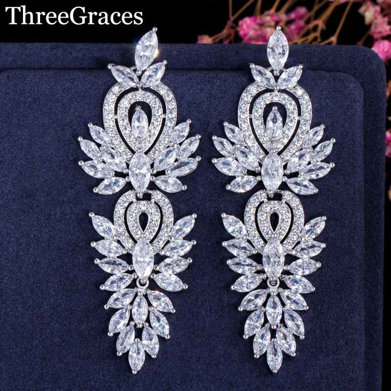 

ThreeGraces Nigerian Design Women Luxury CZ Stones Inlay Long Drop Crystal Big Statement Earrings For Wedding Party ER221