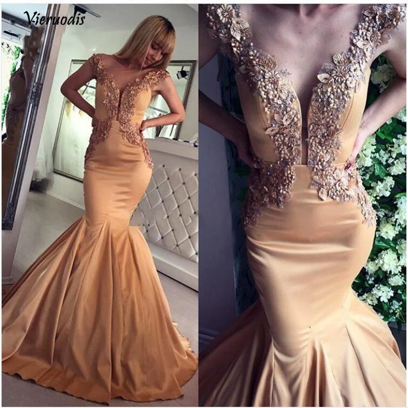 31-1 Pretty 3D Flower Gold Mermaid Evening Dresses Pearls Beaded Long Formal Evening Gowns 2018 Deep V-neck Vestidos De Fiesta