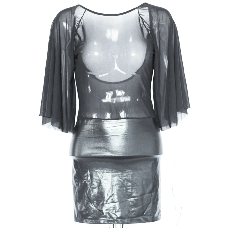 Black Mesh Patchwork Clubwear Transparent Batwing Sleeve Nightclub Wet Look Vestidos Exotic Woman Backless Short Sexy Club Dress (6)
