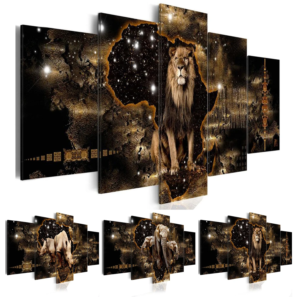 

5 Pcs Fashion Wall Art Canvas Painting Abstract Golden Texture Animal Lion Elephant Rhinoceros Modern Home Decoration No Frame