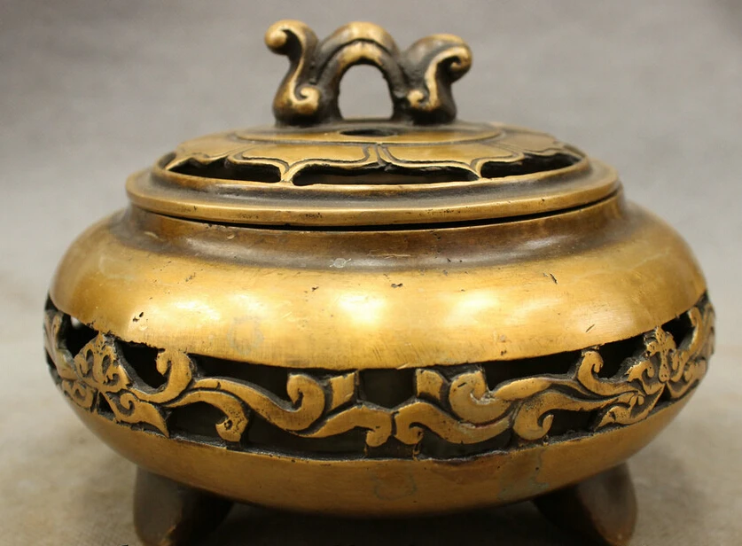

song voge gem S4575 Chinese Bronze Copper FengShui Unicorn Phoenix Statue Box Incense Burner Censer