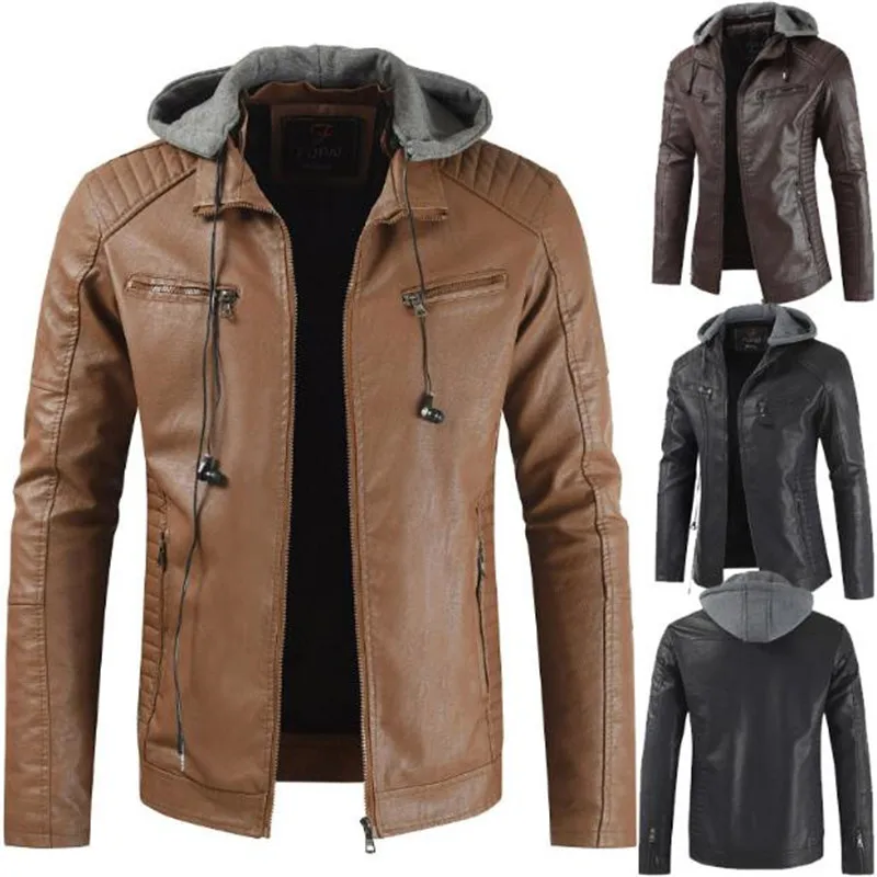 

XIU LUO 3XL new men's leather jacket warm casual jacket motorcycle coat hooded solid color Cap removable windproof jacket