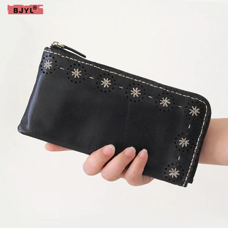 

BJYL Women Long wallet ladies genuine leather handbags large capacity female bag multi-functional zipper hand Vintage wallet