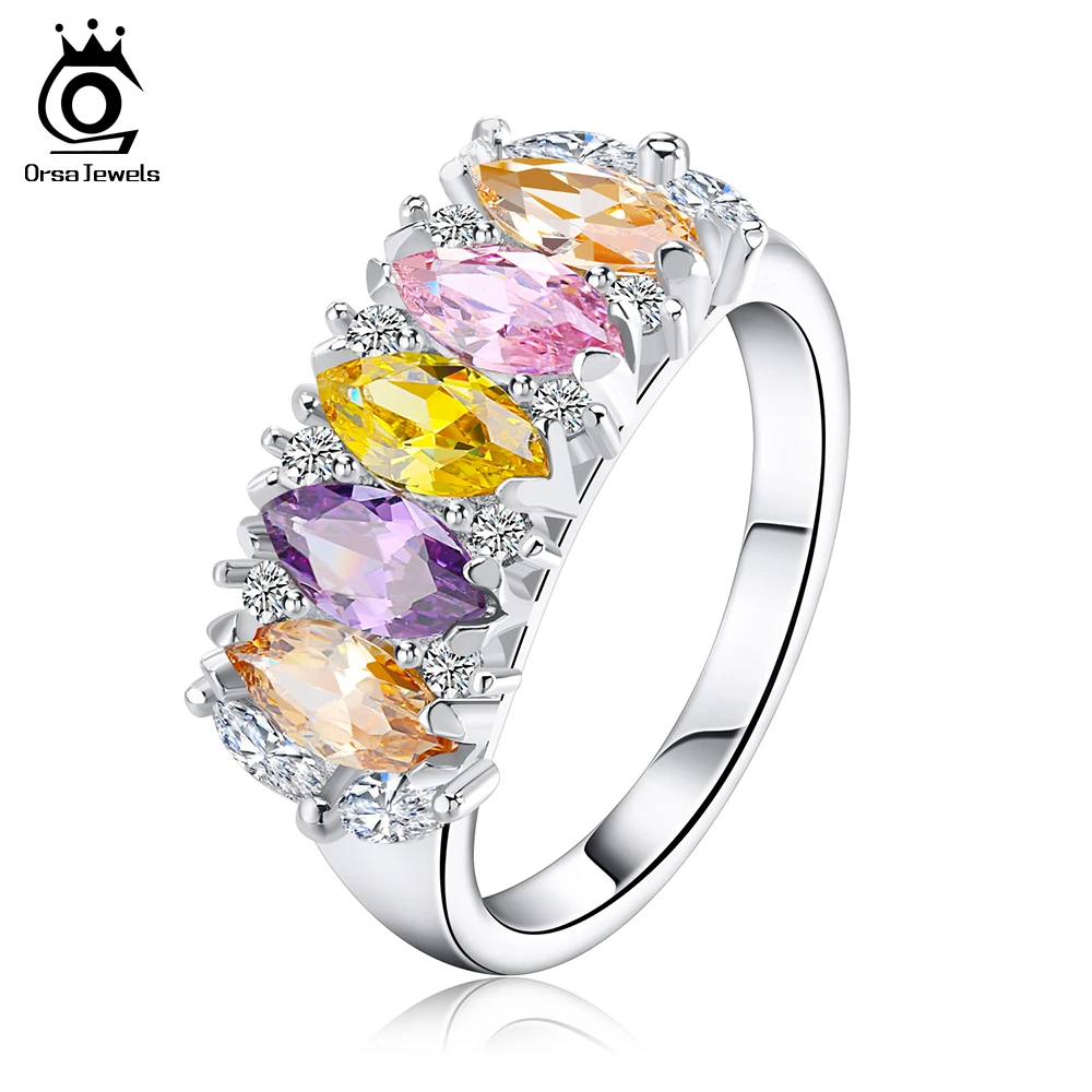 

ORSA JEWELS Silver Women Ring with 8 mm Multi Color AAA Austrian Cubic Zirconia 2018 New Fashion CZ Rings for Engagement OR132
