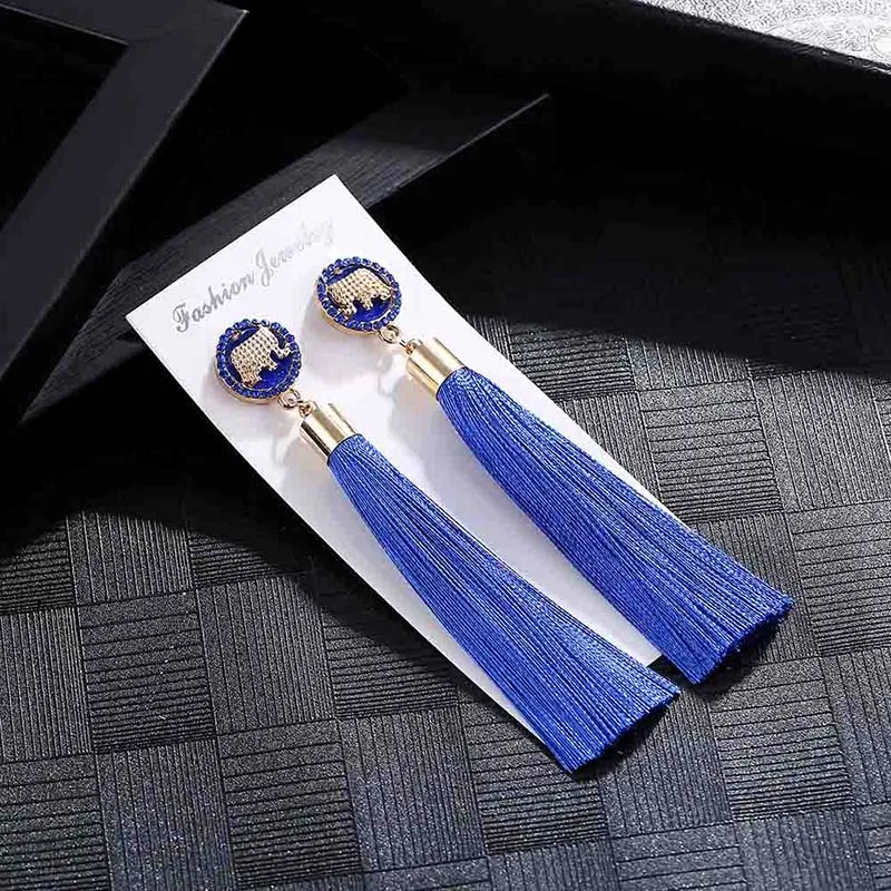 E6095 Trendy Drop Earrings ElephantWomenLongBohemianBlueSilkBalckDangleMetalBohoGold Tassel Earrings 2018 Jewelry