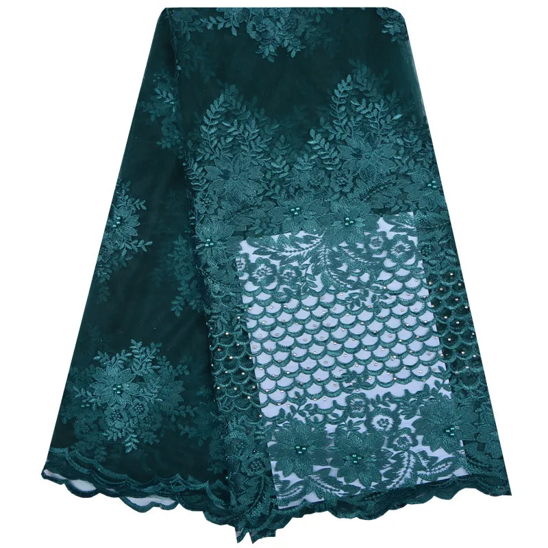 

High Quality Teal African Beaded Lace Fabric Flower French Tulle Lace Fabric 2018 Nigeria For Bridal Net Lace Fabric 1168