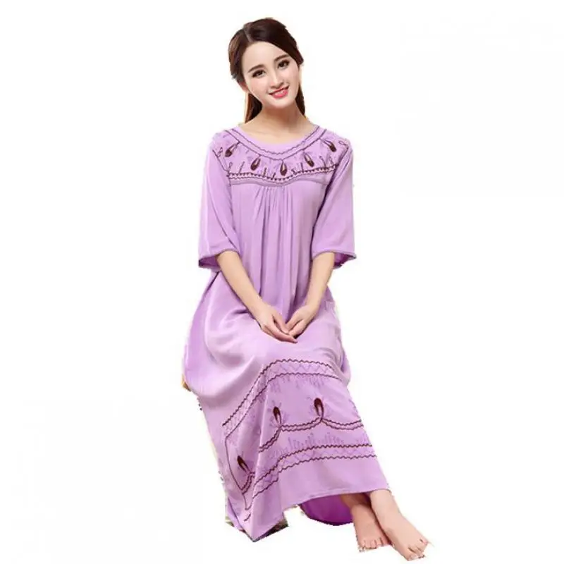 

Spring Women Cotton Long Nightgown Embroidery Nightwear Three Quarter Sleeve Sleepwear Autumn Nightdress Casual Home Dress