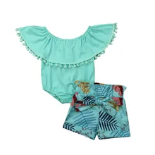Комплекты одежды для новорожденных девочек, комбинезон без рукавов с оборками и кисточками+ шорты с цветочным принтом, комплекты со штанами