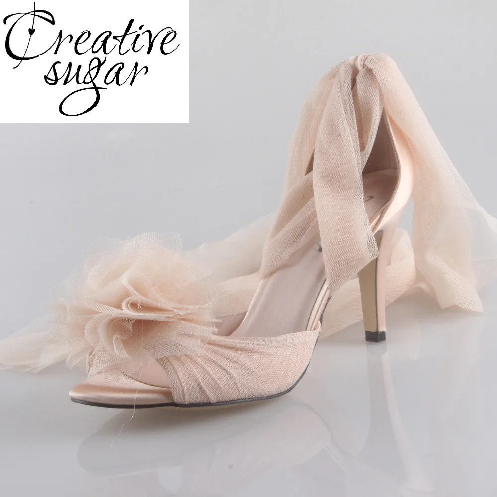 

Creativesugar Handmade Champagne nude skin color long tulle bridal shoes soft gauze leg strap fairy tale wedding party lady pump