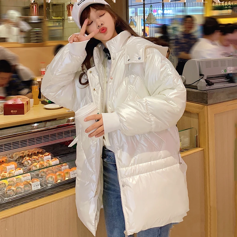 

New 2019 Winter Glossy Down Cotton Parkas Women's Jackets Winter Warm Beige Long Sleeve Hooded Thick Parkas Loose Coat Outerwear