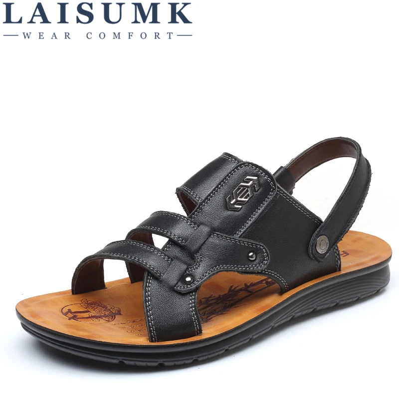 

2019 LAISUMK Top Quality Sandal Men Summer Slippers Male Genuine Leather Sandals Men Outdoor Beach Shoes
