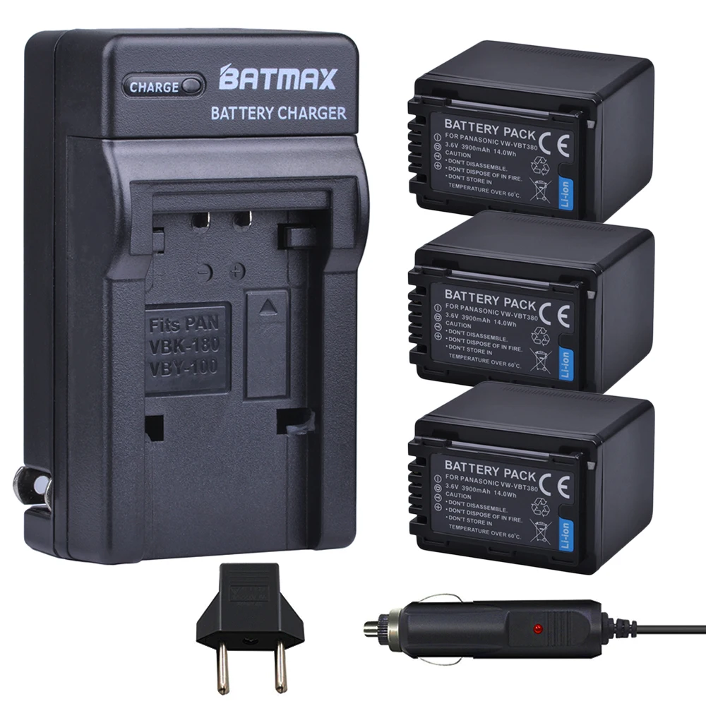 Batmax 3Pc Vw-Vbt380 Vbt380 Batteria + Caricabatteria Da Auto Per Panasonic Hc-V110, Hc-V130, Hc-V160, Hc-V180, Hc-V201, Hc-V250, Hc-V260