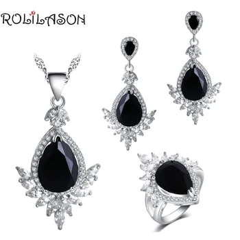 

ROLILASON Crown shape water drop design Black Zircon For girl Earrings Necklace Rings Jewelry Sets JS772