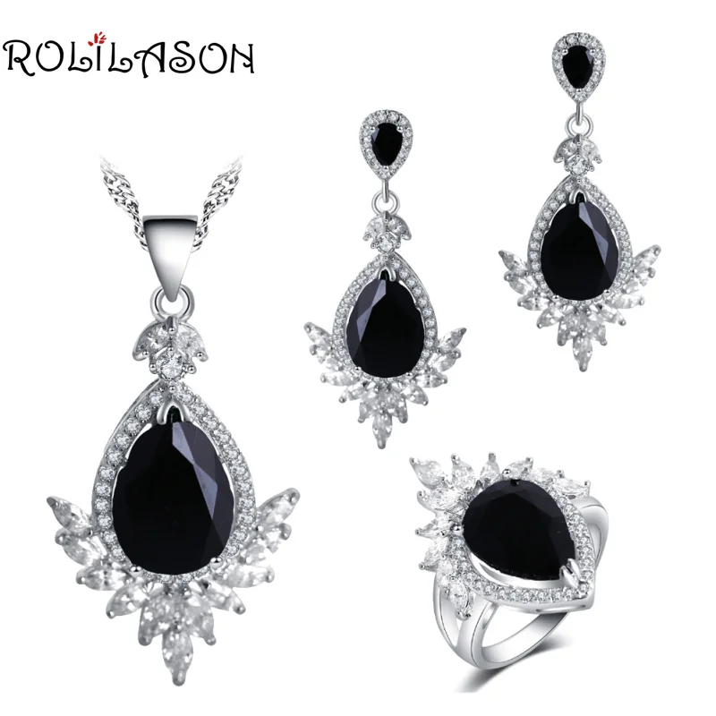 Rolilason Корона Форма в виде капли 925 серебристый, черный циркон для серьги для молодой женщины Цепочки и ожерелья кольца, комплекты украшений ... Rolilason Корона Форма в виде капли 925 серебристый, черный циркон для серьги для молодой женщины Цепочки и ожерелья кольца, комплекты украшений ...