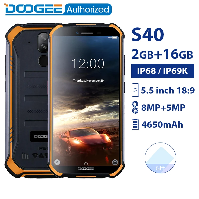 

DOOGEE S40 2GB 16GB IP68/IP69K waterproof smartphone MTK6739 Quad Core 5.5''4650mAh 8.0MP 4G Rugged Android 9.0 Mobile Phone