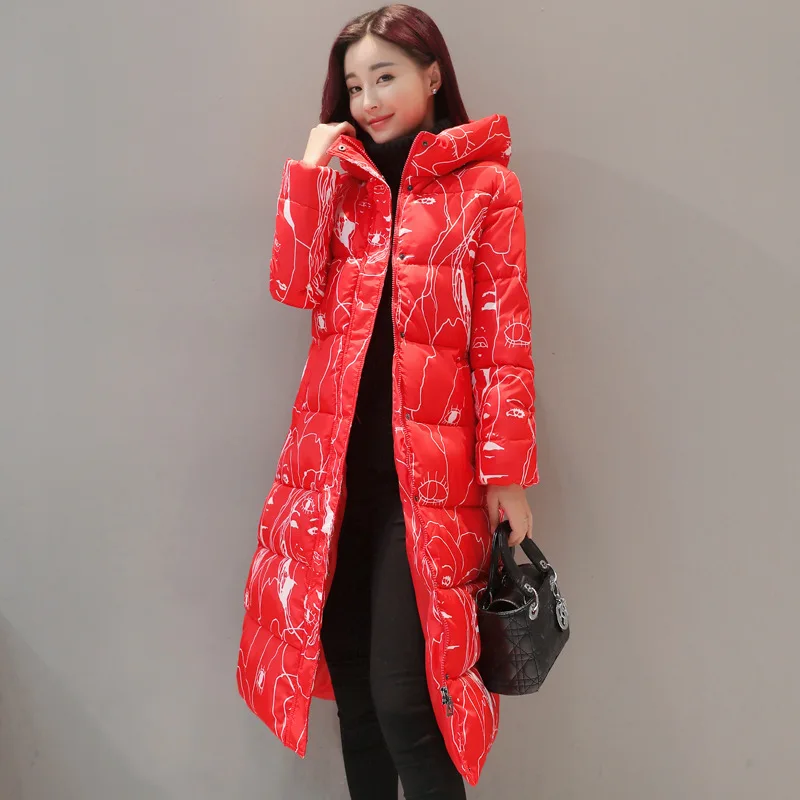 Модная зимняя женская куртка с принтом, Толстая теплая Женская куртка, хлопковое пальто, парки до колена, Jaqueta Feminina Inverno MZ1998