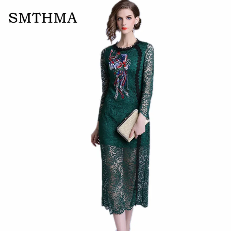 

High Quality Fashion Designer Runway Dress Women's Long Sleeve Lace embroidery Vintage green Dress vestidos