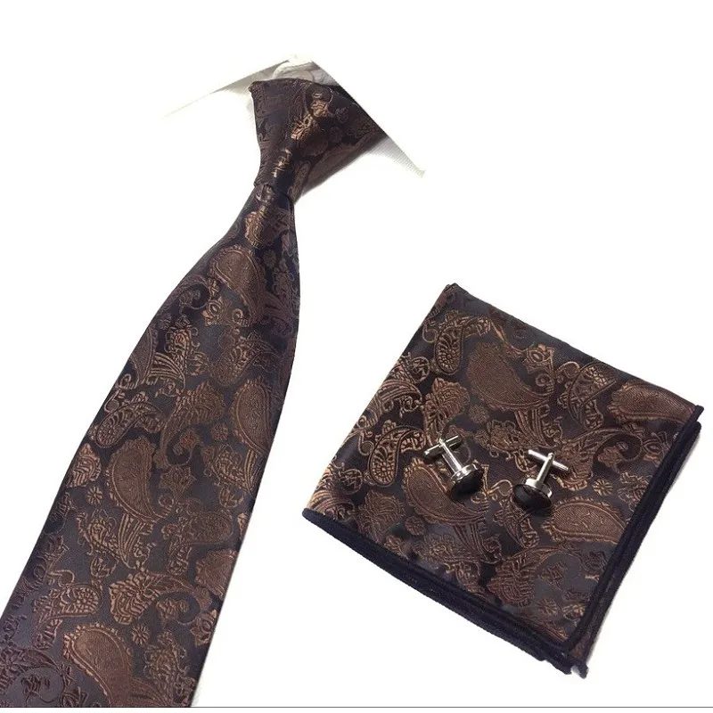 

fashion tie set 3pcs paisley necktie handkerchief cufflinks pocket square polyester ties 9cm wide hankie sleeve button