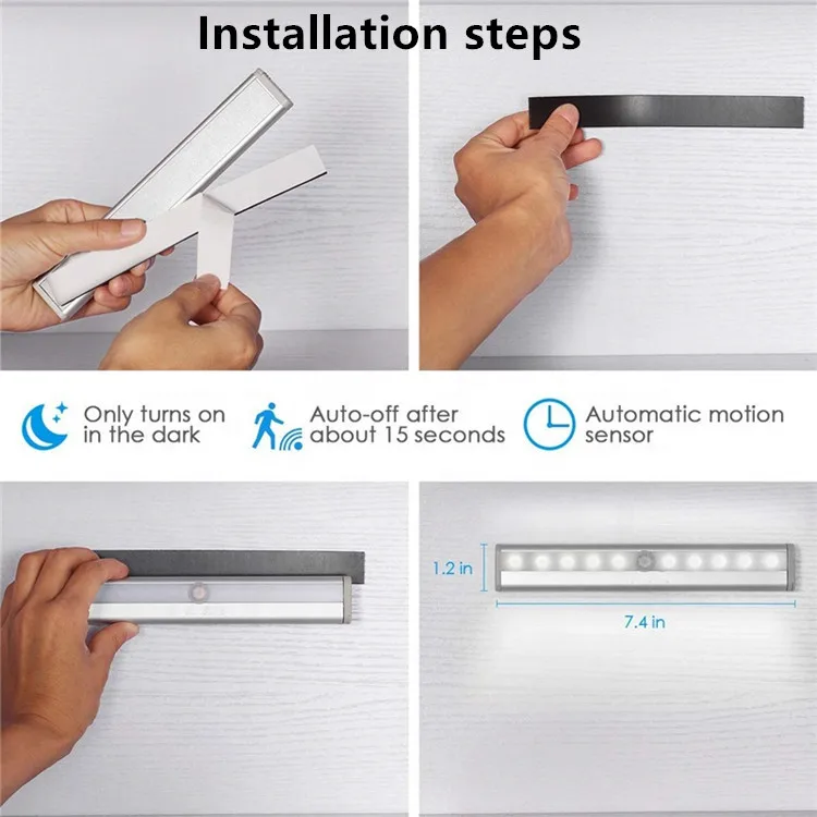 USB Перезаряжаемый под шкаф светильник ing 10Led PIR датчик движения Ночной светильник WW/W портативная наклейка беспроводной внутренний шкаф светильник