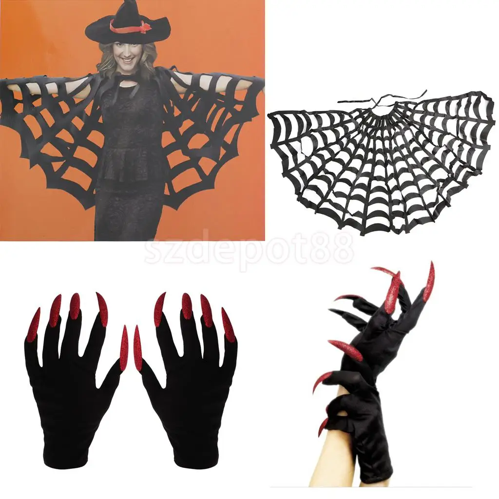 

Halloween Black Cloak Spider Web Cape+Scary Gloves Party Fancy Dress Costume