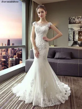 

Elegant Mermaid Wedding Dresses 2019 Lace Appliques Beaded Sequins Cap Sleeves Lace Up Back Vintage Bride Dresses Robe De Mariee