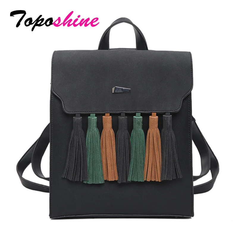 Toposhine الأزياء شرابة ضرب اللون مربع الفتيات على ظهره فرك بو الجلود النساء على ظهره الأزياء المدرسة أكياس 1617