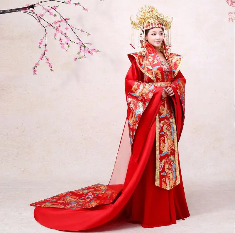 Китайская одежда ханьфу свадебное платье халат древняя невеста свадебное платье Красный Золотой Пара Свадьба Одежда император королева представление костюм