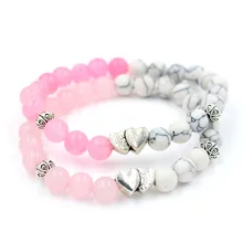 Unique Natural Pink Quartz & White Turquoise Stone Bead Heart Charm Elastic Yoga Bracelet & Bangle Jewelry for Women Girl stylish square fake turquoise bead bracelet for women